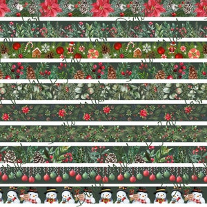 Könnte beinhalten: Eine Auswahl an weihnachtlichen Washi-Tape-Designs. Die Designs umfassen Weihnachtsstern, Tannenzapfen, Stechpalme, Ornamente, Lebkuchenhäuser und Schneemänner. Die Farbpalette ist überwiegend grün, rot und weiß.