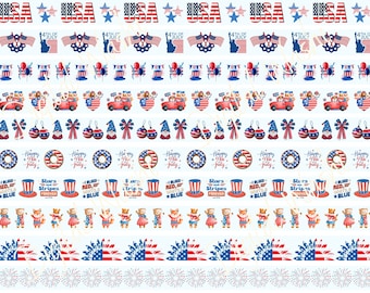 Fourth of July Digital Washi Tape, Digital Download, Embellishment, Scrapbooking, Junk Journal, Belly Band, Gnome, Fireworks, USA, Balloons
