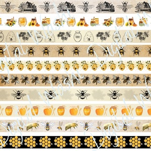 Könnte beinhalten: Ein digitales Papierpaket mit 12 verschiedenen Designs mit Bienen, Waben und Honiggläsern. Die Designs sind im Vintage-Stil gehalten und in Braun- und Gelbtönen gehalten.
