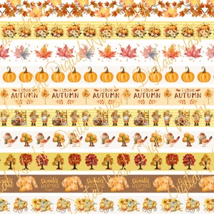 Fall Autumn Digital Washi Tape, Digital Download, Embellishment, Scrapbooking, Junk Journal, Belly Band, Leaves Pumpkin, Gnome, Fall Bouquet