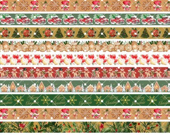 May include: A digital paper pack with 10 different Christmas themed borders. The borders feature gingerbread men, houses, ornaments, and other festive elements. The borders are in a variety of colors, including red, green, gold, and white.