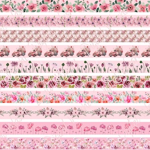 Różowa kwiatowa taśma washi, cyfrowe pobieranie, zdobienie, scrapbooking, dziennik śmieciowy, pas na brzuch, kwiaty, róża, różowa zabytkowa ciężarówka