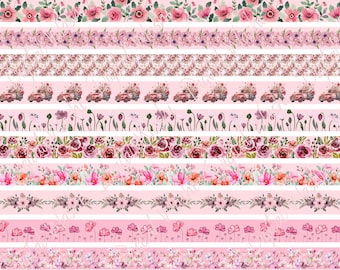 Pink Floral Digital Washi Tape, Digital Download, Embellishment, Scrapbooking, Junk Journal, Belly Band, Flowers, Rose, Pink Vintage Truck