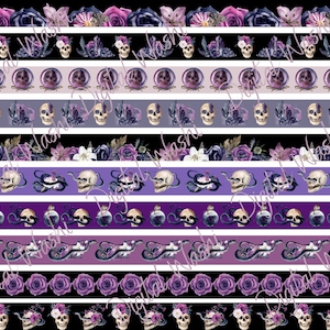 Purple Halloween Digital Washi Tape, Digital Download, Embellishment, Scrapbooking, Junk Journal, Belly Band, Crystals, Raven, Snake, Skull