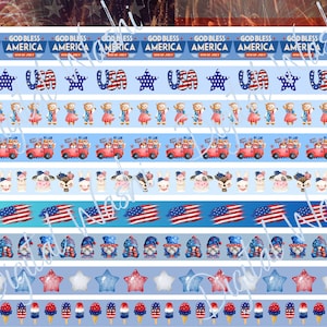 Ruban Washi numérique du 4 juillet, Téléchargement numérique, Embellissement, Scrapbooking, Junk Journal, Belly Band, Gnome, Ice Cream, Flag, America