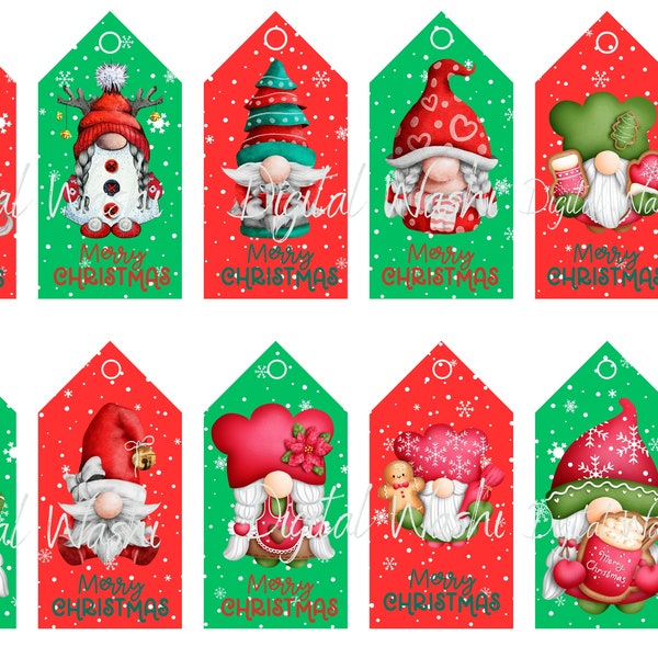 Gnomes Christmas Tags, Digital Download, Embellishment, Scrapbooking, Junk Journal, Belly Band, Merry Christmas, Snowflakes