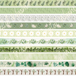 Könnte beinhalten: Ein Set mit 10 digitalen Papierstreifen mit verschiedenen grünen und weißen floralen und Blattmotiven. Die Muster umfassen Blätter, Blumen, Bäume und geometrische Designs.