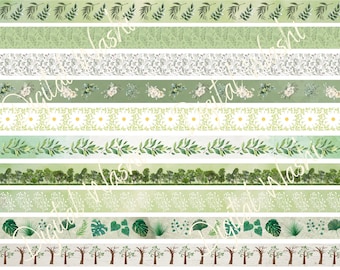 Tonos de cinta Washi digital verde, Descarga digital, Adorno, Scrapbooking, Diario basura, Banda del vientre, Botánico, Hojas, Árbol, Floral