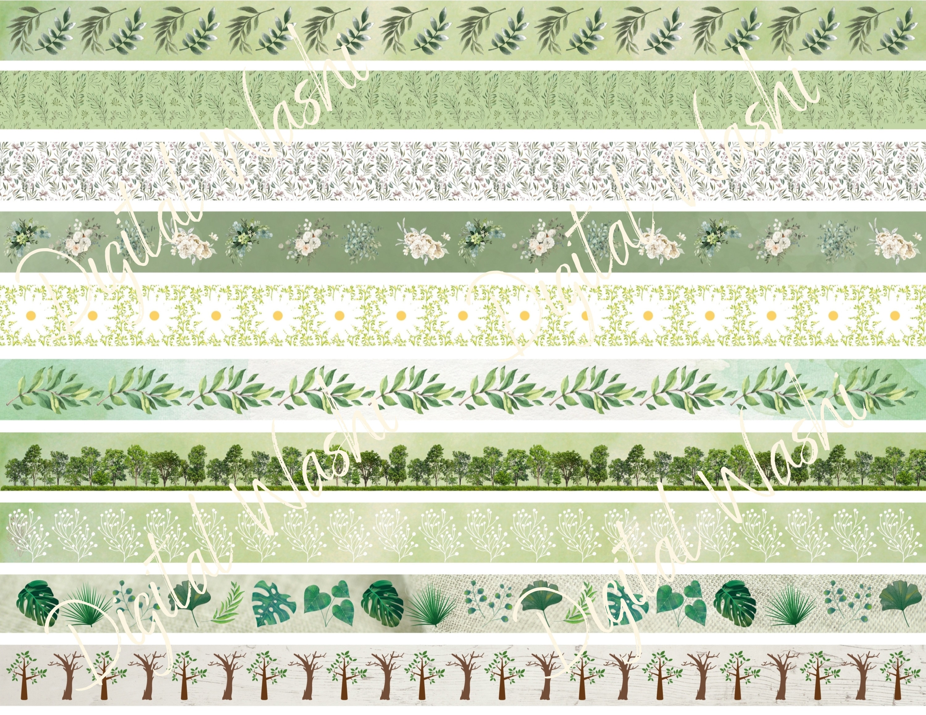 Shades of Green Digital Washi Tape, Digital Download, Embellishment,  Scrapbooking, Junk Journal, Belly Band, Botanical, Leaves, Tree, Floral