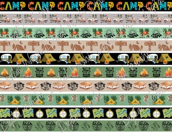 Camping Digital Washi Tape, Digital Download, Embellishment, Scrapbooking, Junk Journal, Belly Band, Tent, Trailer, Fire, Compass, Map, Hike