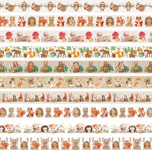 Fita Washi Digital Woodland Animals, Download Digital, Enfeite, Scrapbooking, Junk Journal, Belly Band, Raposa, Preguiça, Ouriço, Urso