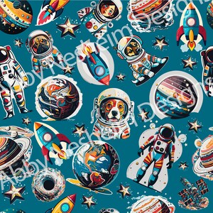 May include: A teal blue background with a repeating pattern of astronauts, dogs, planets, stars, and rockets. The astronauts are wearing white spacesuits with colorful accents. The dogs are wearing spacesuits with their heads sticking out. The planets are colorful and have rings. The stars are white and yellow. The rockets are red and blue.