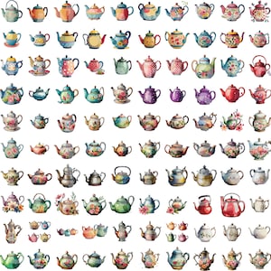 100 Teapots Watercolor Style Vectors clipart.  SVG, PNG, JPG