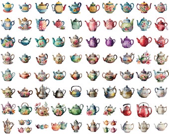100 vetores de bules em estilo aquarela. SVG, PNG, JPG