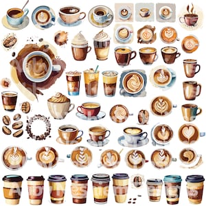 Könnte beinhalten: Eine Sammlung von Aquarell-Illustrationen von Kaffeetassen und Bechern mit verschiedenen Kaffeesorten, darunter Latte, Cappuccino und Espresso. Die Illustrationen sind in verschiedenen Farben gehalten, darunter Braun, Weiß und Beige.