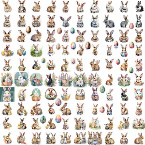 May include: A collection of watercolor illustrations of bunnies and Easter eggs. The bunnies are in various poses, including sitting, standing, and hopping. Some of the bunnies are holding carrots or baskets of eggs. The eggs are in various colors, including pink, blue, green, and yellow.