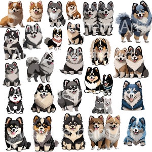 May include: A collection of 25 cartoon Pomeranian dog illustrations in various poses and colors. The dogs are depicted with different fur colors, including black, white, brown, gray, and blue. Some dogs are wearing collars, while others are not.