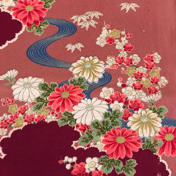 Vintage Japanese kimono, 8 yds from partially deconstructed mid 1900s silk panels, pink red chrysanthemums, great condition, great price!