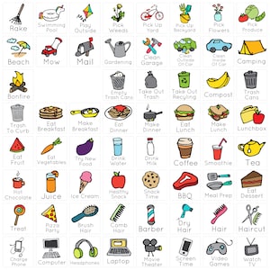 Pu&ograve; includere: Un grafico colorato con 64 icone illustrate che rappresentano diverse attivit&agrave; e compiti. Ogni icona &egrave; etichettata con una parola descrittiva, come "Rastrello", "Piscina", "Giocare all'aperto", "Raccogliere le erbacce", "Raccogliere nel cortile", "Raccogliere nel cortile sul retro", "Raccogliere fiori", "Raccogliere prodotti", "Spiaggia", "Falciare", "Posta", "Giardinaggio", "Pulire il garage", "Pulire l'esterno dell'auto", "Pulire l'interno dell'auto", "Campeggio", "Fuoco da campo", "Bidoni della spazzatura vuoti", "Portare fuori la spazzatura", "Portare fuori il riciclaggio", "Compost", "Bidoni della spazzatura", "Spazzatura sul marciapiede", "Fare colazione", "Preparare la colazione", "Cenare", "Preparare la cena", "Pranzare", "Preparare il pranzo", "Scatola del pranzo", "Mangiare frutta", "Mangiare verdura", "Provare cibo nuovo", "Bere acqua", "Bere latte", "Caff&egrave;", "Frullato", "T&egrave;", "Cioccolata calda", "Succo", "Gelato", "Spuntino sano", "Ora dello spuntino", "BBQ", "Preparazione dei pasti", "Mangiare il dessert", "Dolcetto", "Pizza party", "Spazzolare i capelli", "Pettinare i capelli", "Barbiere", "Asciugare i capelli", "Capelli", "Taglio di capelli", "Caricare il telefono", "Computer", "Cuffie", "Laptop", "Cinema", "Tempo sullo schermo", "Videogiochi", "Guardare la televisione".