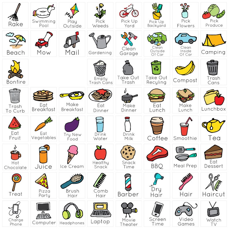 Pu&ograve; includere: Un grafico colorato con 64 icone illustrate che rappresentano diverse attivit&agrave; e compiti. Ogni icona &egrave; etichettata con una parola descrittiva, come "Rastrello", "Piscina", "Giocare all'aperto", "Raccogliere le erbacce", "Raccogliere nel cortile", "Raccogliere nel cortile sul retro", "Raccogliere fiori", "Raccogliere prodotti", "Spiaggia", "Falciare", "Posta", "Giardinaggio", "Pulire il garage", "Pulire l'esterno dell'auto", "Pulire l'interno dell'auto", "Campeggio", "Fuoco da campo", "Bidoni della spazzatura vuoti", "Portare fuori la spazzatura", "Portare fuori il riciclaggio", "Compost", "Bidoni della spazzatura", "Spazzatura sul marciapiede", "Fare colazione", "Preparare la colazione", "Cenare", "Preparare la cena", "Pranzare", "Preparare il pranzo", "Scatola del pranzo", "Mangiare frutta", "Mangiare verdura", "Provare cibo nuovo", "Bere acqua", "Bere latte", "Caff&egrave;", "Frullato", "T&egrave;", "Cioccolata calda", "Succo", "Gelato", "Spuntino sano", "Ora dello spuntino", "BBQ", "Preparazione dei pasti", "Mangiare il dessert", "Dolcetto", "Pizza party", "Spazzolare i capelli", "Pettinare i capelli", "Barbiere", "Asciugare i capelli", "Capelli", "Taglio di capelli", "Caricare il telefono", "Computer", "Cuffie", "Laptop", "Cinema", "Tempo sullo schermo", "Videogiochi", "Guardare la televisione".