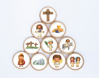 May include: A set of 10 wooden circle tokens with illustrations depicting the story of Easter. The tokens feature images of Jesus, crosses, a tomb, an angel, palm branches, a donkey, and the Last Supper.