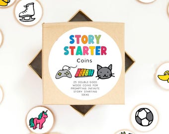 Story Starter Wooden Coin Set: Storytelling Game for Kids - 50 Images