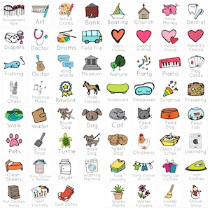 Pu&ograve; includere: Un grafico colorato con 48 caselle illustrate, ognuna delle quali rappresenta un'attivit&agrave; o un compito diverso. Le caselle sono disposte in una griglia ed etichettate con parole come "Parco divertimenti", "Arte", "Arti e mestieri", "Banca", "Navigazione", "Chiesa", "Risparmiare denaro", "Dentista", "Pannolini", "Dottore", "Batteria", "Gita scolastica", "Scelta del pap&agrave;", "Amore e gentilezza", "Scelta della mamma", "Scelta dei genitori", "Pesca", "Chitarra", "Parole gentili", "Museo", "Natura", "Festa", "Pianoforte", "Giocare a carte", "Giocare a scacchi", "Esercitarsi con la musica", "Ricompensa", "Andare a cavallo", "Skateboard", "Pigiama party", "Sorpresa", "Viaggiare", "Camminare", "Portafoglio", "Spazzolare il cane", "Cane", "Gatto", "Nutrire il gatto", "Nutrire il cane", "Nutrire i pesci", "Animali domestici", "Raccogliere la cacca", "Tartaruga", "Portare a spasso il cane", "Lavare il cane", "Polli", "Pulire la lettiera del gatto", "Lavanderia", "Lenzuola pulite", "Vestiti sporchi nel cesto", "Asciugatrice", "Lavatrice", "Piegare i vestiti", "Appendere i vestiti", "Appendere i vestiti", "Stirare i vestiti", "Riporre i vestiti", "Ordinare i vestiti", "Ordinare i calzini", "Annaffiare le piante", "Annaffiare i fiori", "Spazzare il portico", "Spalare la neve".