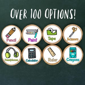 May include: Eight circular wooden tokens featuring colourful illustrations of school supplies including a pencil, paint, tape, scissors, headphones, calculator, ruler, and crayons. Each token displays the corresponding text label below the icon.
