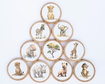 Baby Safari Animal Magnet Set / Set of 10 / 2 3/8 x 1/4 Inches / Refrigerator Magnets / Montessori  / Vintage Magnet / Baby Shower Gift