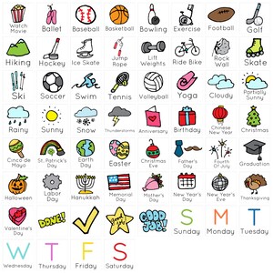 Pu&ograve; includere: Un grafico colorato con illustrazioni di varie attivit&agrave;, festivit&agrave; e giorni della settimana. Il grafico include immagini di sport, tempo e celebrazioni. Le parole "Guarda un film", "Ballet", "Baseball", "Pallacanestro", "Bowling", "Esercizio", "Calcio", "Golf", "Escursionismo", "Hockey", "Pattinaggio su ghiaccio", "Saltare la corda", "Sollevamento pesi", "Andare in bicicletta", "Muro di arrampicata", "Patinare", "Sciare", "Calcio", "Nuotare", "Tennis", "Pallavolo", "Yoga", "Nuvoloso", "Parzialmente soleggiato", "Piovoso", "Soleggiato", "Neve", "Temporali", "Anniversario", "Compleanno", "Capodanno cinese", "Natale", "Cinco de Mayo", "San Patrizio", "Giornata della Terra", "Pasqua", "Vigilia di Natale", "Festa del Pap&agrave;", "Quattro luglio", "Laurea", "Halloween", "Festa del Lavoro", "Hanukkah", "Memorial Day", "Festa della Mamma", "Capodanno", "Vigilia di Capodanno", "Ringraziamento", "San Valentino", "Fatto!", "Buon lavoro!", "Domenica", "Luned&igrave;", "Marted&igrave;", "Mercoled&igrave;", "Gioved&igrave;", "Venerd&igrave;", "Sabato" sono inclusi nel grafico.