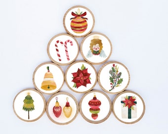 Christmas Wooden Magnet Set, Holiday Designs, Set of 10