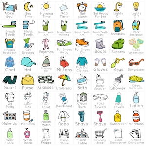 Pu&ograve; includere: Un grafico colorato con 36 icone illustrate che rappresentano routine e attivit&agrave; quotidiane. Ogni icona &egrave; in un quadrato bianco con un contorno nero. Le icone includono attivit&agrave; come fare il letto, lavarsi i denti, vestirsi, mettere le scarpe, fare il bagno, pulire il water, e altro ancora.