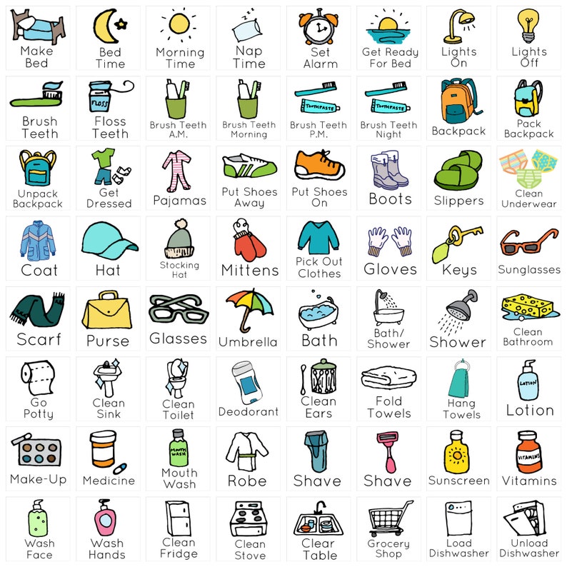 Pu&ograve; includere: Un grafico colorato con 36 icone illustrate che rappresentano routine e attivit&agrave; quotidiane. Ogni icona &egrave; in un quadrato bianco con un contorno nero. Le icone includono attivit&agrave; come fare il letto, lavarsi i denti, vestirsi, mettere le scarpe, fare il bagno, pulire il water, e altro ancora.