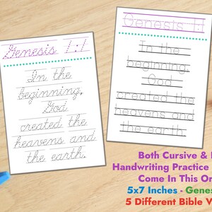 Génesis 1:1 / Hojas de escritura a mano con versículos bíblicos / Digital / Descargable / Memorización de versículos bíblicos / Tarjetas imprimibles con versículos bíblicos / Escrituras para niños