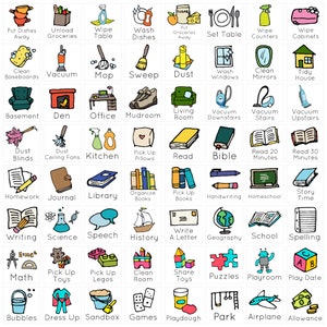 Pu&ograve; includere: Un grafico colorato con 64 quadrati illustrati, ognuno dei quali rappresenta un'attivit&agrave; o un compito diverso per i bambini. I quadrati sono disposti in una griglia e includono attivit&agrave; come "Spolverare le tapparelle", "Leggere", "Raccogliere i giocattoli", "Giocare con la plastilina" e "Scuola".