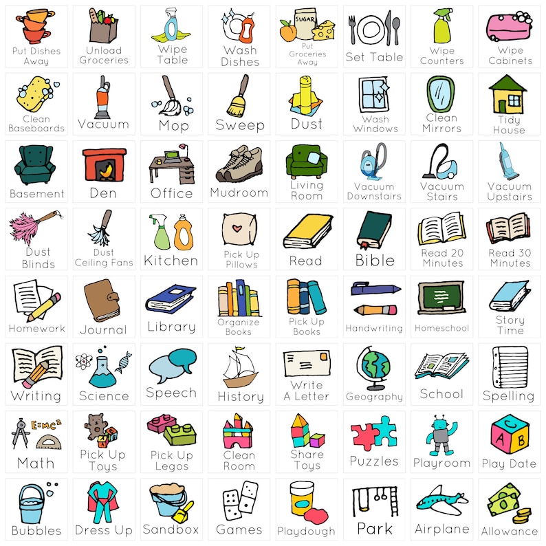 Pu&ograve; includere: Un grafico colorato con 64 quadrati illustrati, ognuno dei quali rappresenta un'attivit&agrave; o un compito diverso per i bambini. I quadrati sono disposti in una griglia e includono attivit&agrave; come "Spolverare le tapparelle", "Leggere", "Raccogliere i giocattoli", "Giocare con la plastilina" e "Scuola".