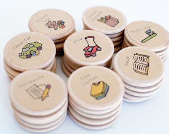 May include: A set of eight wooden tokens with different chores illustrated on them. The chores include: Pick Up Toys, Clean Car, Mow, Fold Clothes, Unload Groceries, Brush Teeth, Read, and Homework.