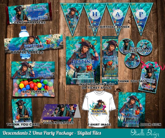 Descendants 2 Uma Birthday Party Package, Printable Party Kit Customized with name - Invitation Banner Food Tent Labels - Digital Files Il_570xn