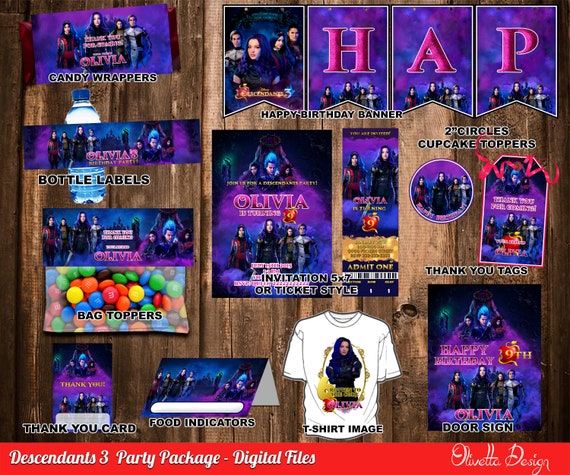 Descendants 3 Birthday Party Package, Printable Party Kit Customized with name - Invitation Banner Food Tent Labels Wrappers - Digital File Il_570xn