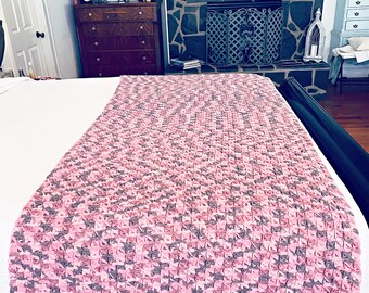 Hand Crocheted Blanket In Charming, Muted Shades of Pink and Grey. Vintage Cottage Core. Soft, Lovely Vintage Condition By Frances Swartz