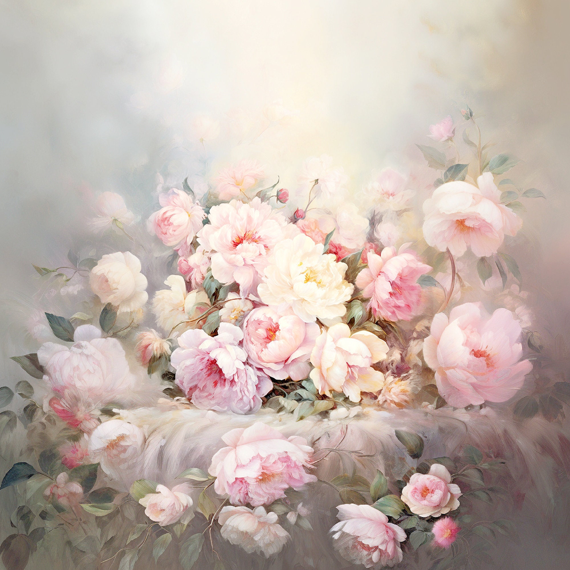 Vintage Roses and Peonies, Pastel Pinks and Whites. Instant Download Digital Art. French Country Cottage, Note Cards, Thank You Notes