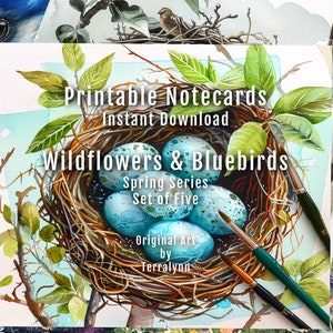 Printable Notecards, Instant Download. Wildflowers & Bluebirds, Spring Series. Set of 5 Images. Scalable Artwork.