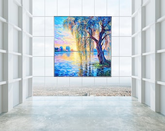 Printable Art, Weeping Willow Tree at Sunset. Downloadable Wall Art, Note Cards, Gorgeous Impressionist Style.