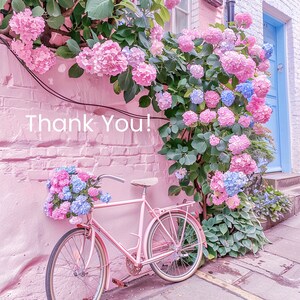 Biglietti di ringraziamento stampabili, fioriture di Londra, ortensie rosa, rose e bicicletta. Arte scaricabile e stampabile.