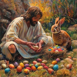 Cartes de Pâques imprimables, Jésus et le lapin de Pâques meurent d'oeufs de Pâques. Préparatifs de Pâques, Christ préparant des cadeaux pour Pâques.