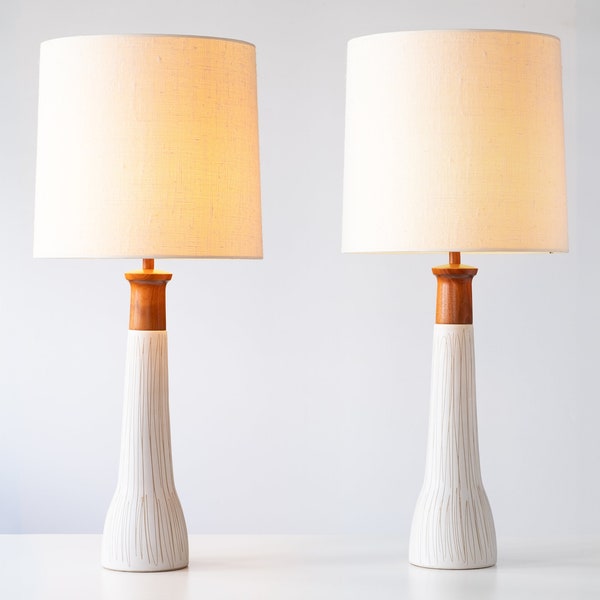 Gordon & Jane Martz / Marshall Studios Ceramic Table Lamps, White Glaze with Incising and Walnut Necks