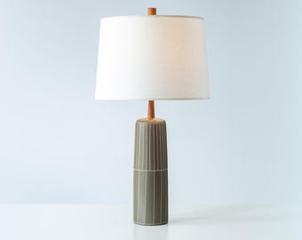 Gordon & Jane Martz / Marshall Studios Ceramic Table Lamp, Model 41, Green Glaze with Vertical Incised Design