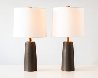 Gordon & Jane Martz / Marshall Studios Ceramic Pottery Table Lamps — Matte Black Glaze with Walnut Neck