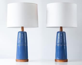 Gordon & Jane Martz / Marshall Studios Ceramic Table Lamps, Blue Glaze Two Piece Design Model M85