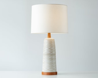 Martz / Marshall Studios Mid Century Ceramic Table Lamp — White Base w/ Tan Incising and w/ Walnut base